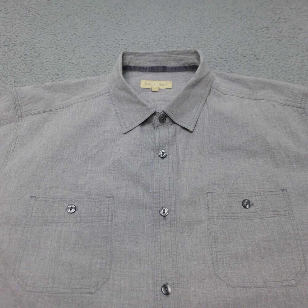 Territory Shirt Mens XXL Gray Button Up Cotton Short Sleeve Pockets Casual - Picture 3 of 9